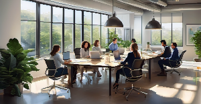 A diverse team collaborating in a bright office meeting room with laptops and plants.