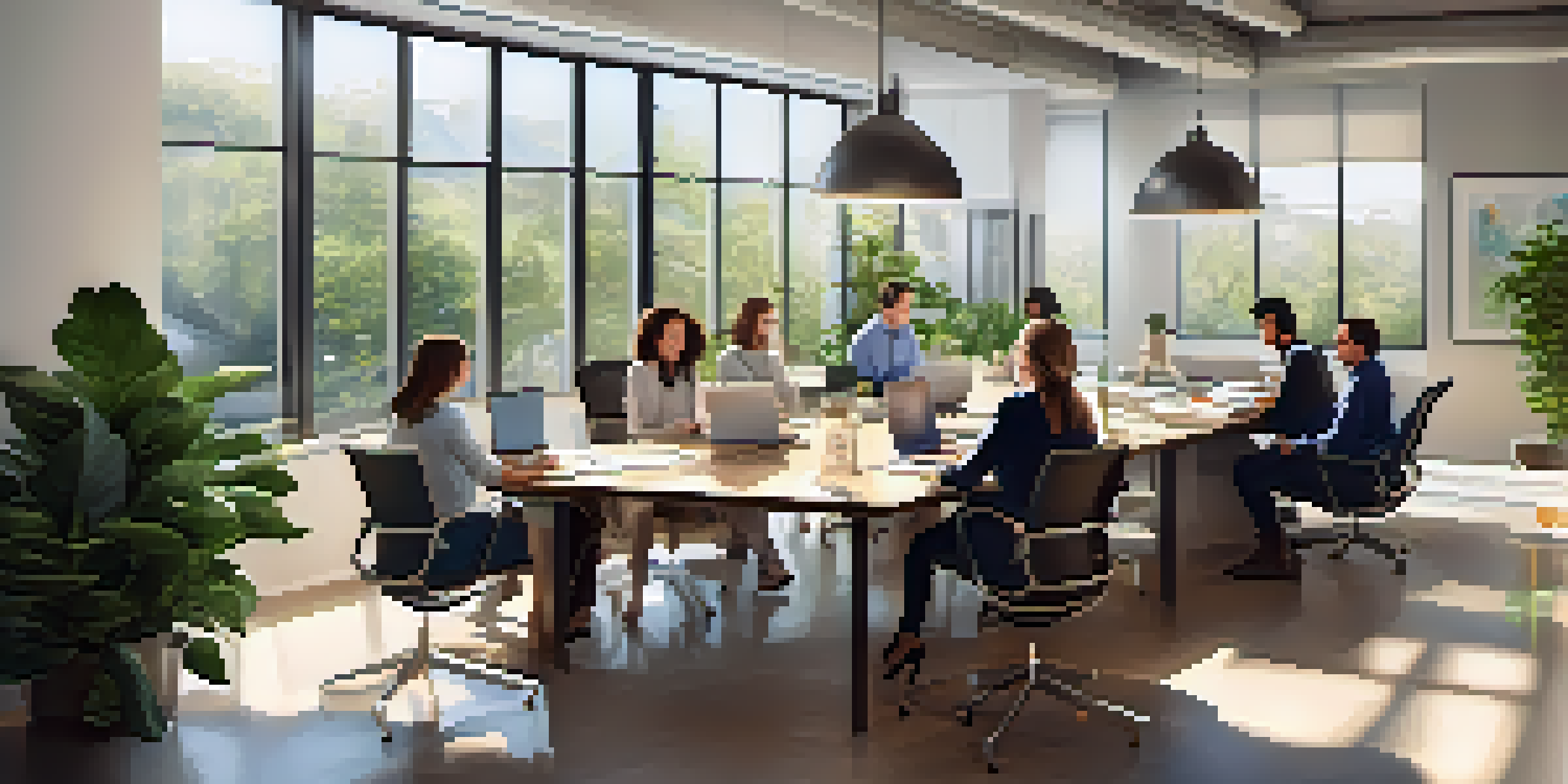 A diverse team collaborating in a bright office meeting room with laptops and plants.