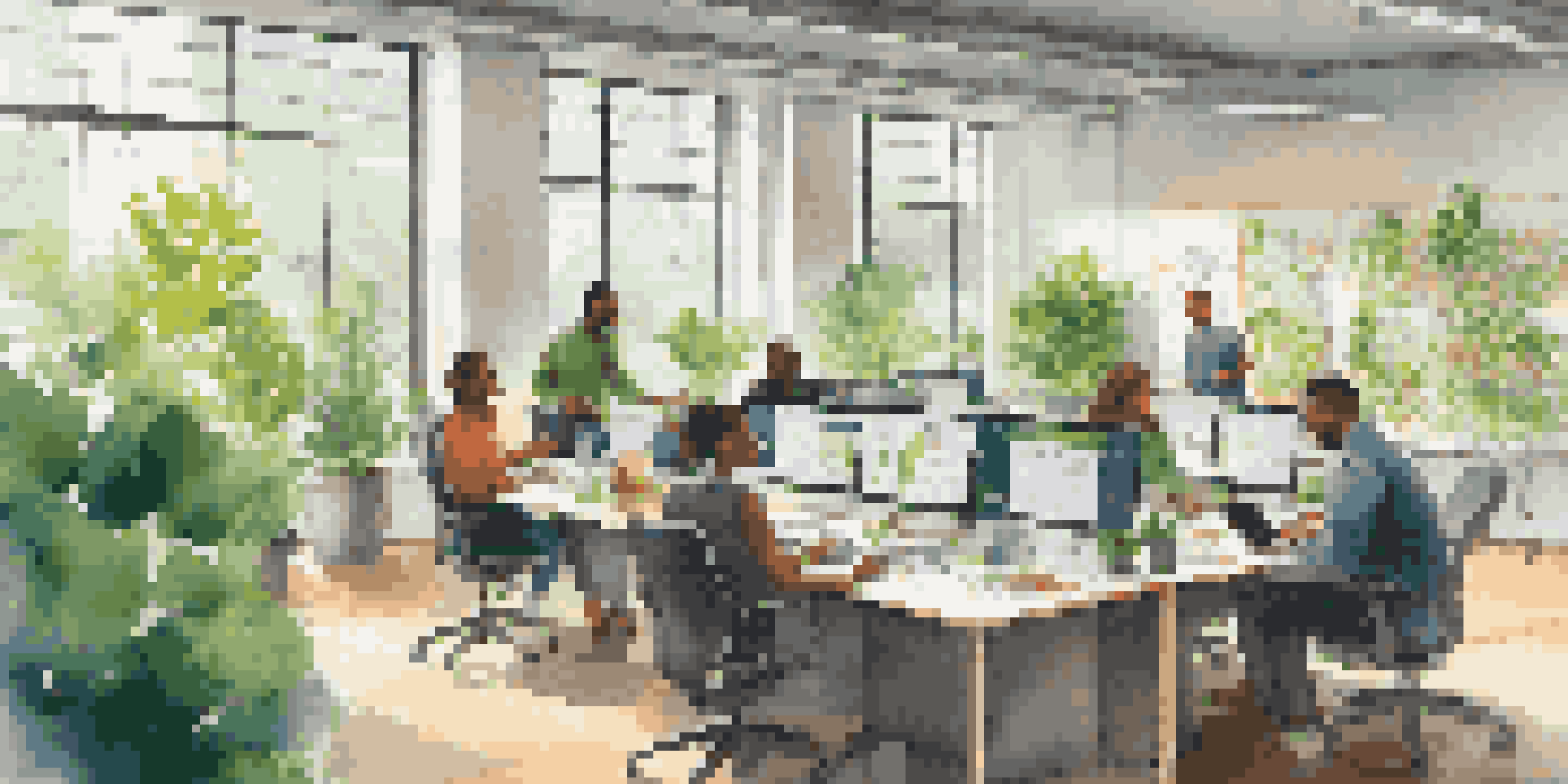 A diverse group of employees collaborating in a bright, modern office space with large windows and green plants.