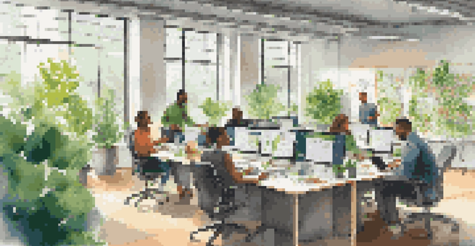 A diverse group of employees collaborating in a bright, modern office space with large windows and green plants.