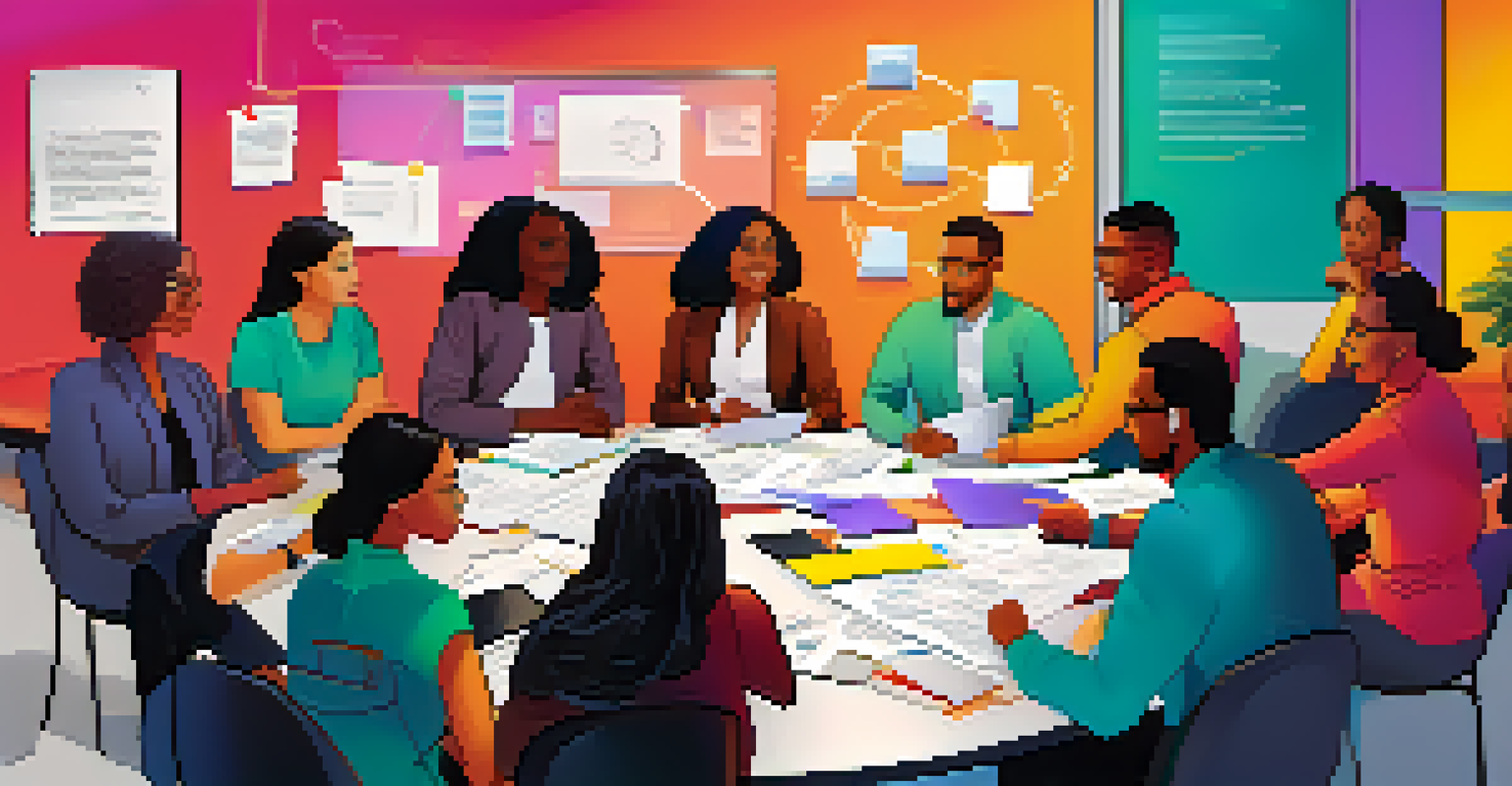 A group of diverse professionals brainstorming around a round table with papers and laptops, in a creative office environment.