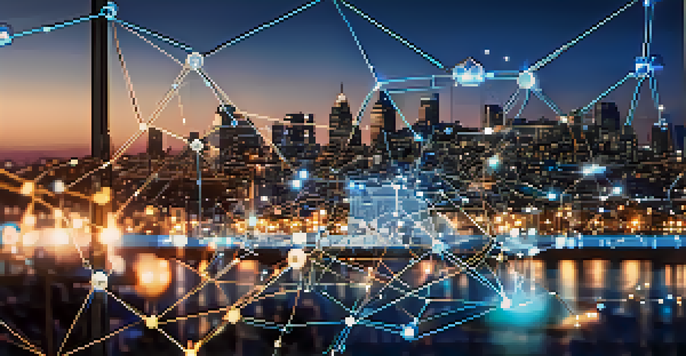 A digital ledger interface with glowing nodes and lines, set against a blurred city skyline at dusk.