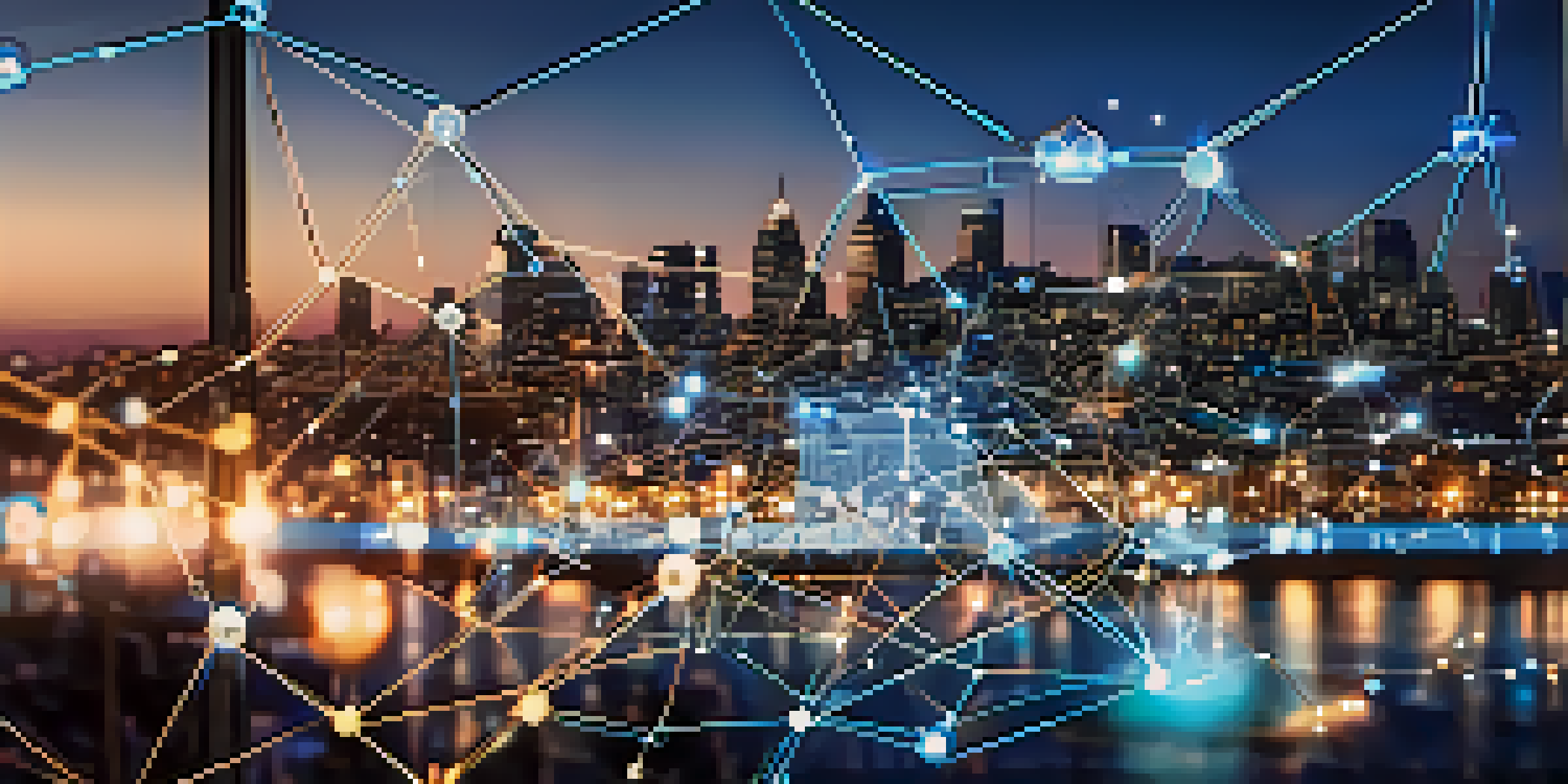 A digital ledger interface with glowing nodes and lines, set against a blurred city skyline at dusk.