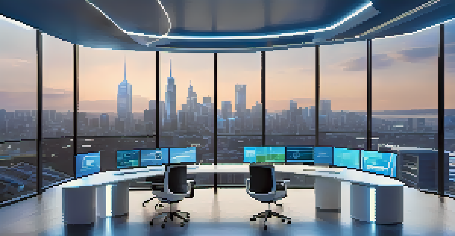 A modern workspace with advanced technology and AI-driven analytics, showcasing a sleek design and city skyline view.