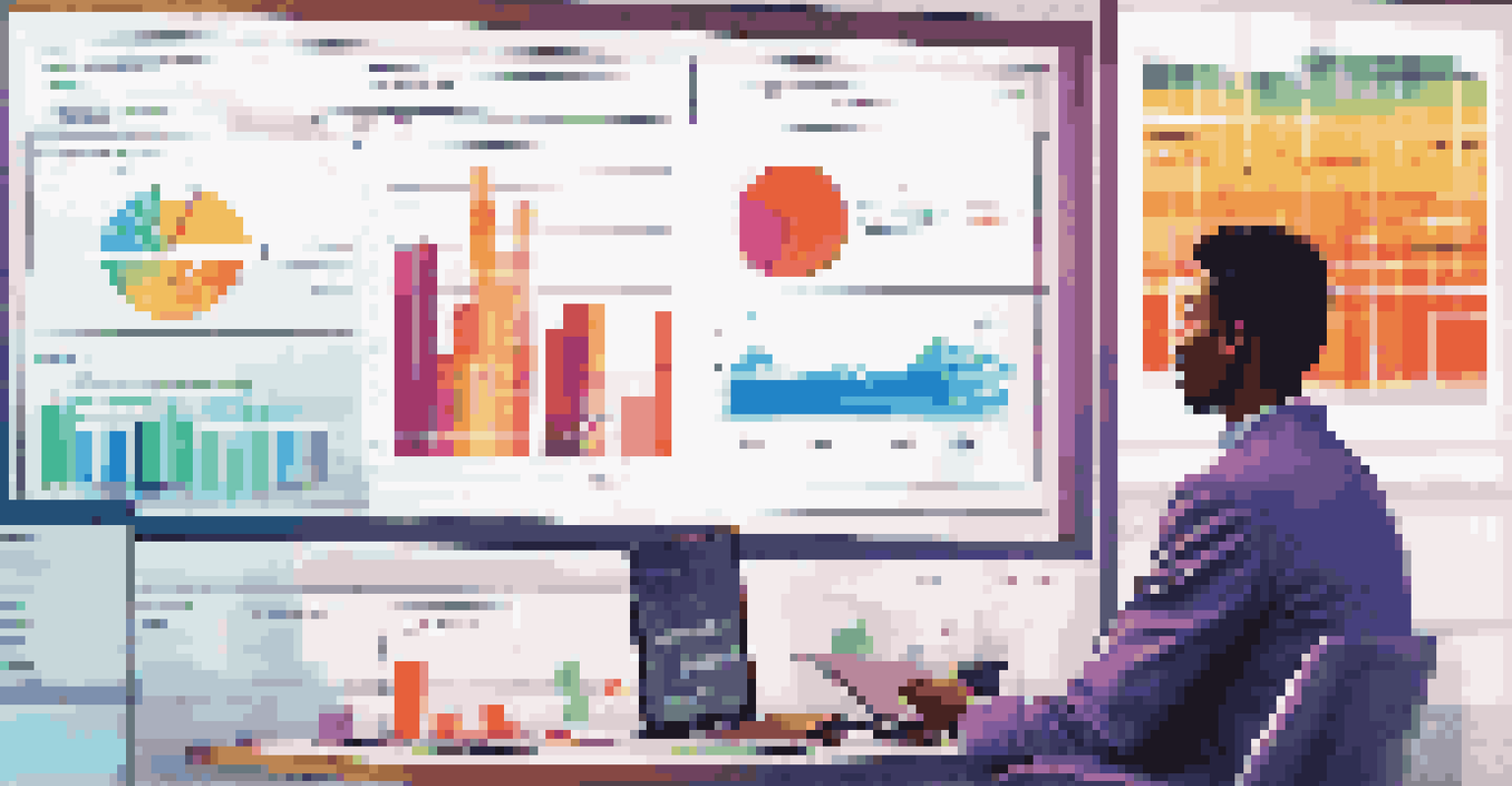 Close-up of a computer screen with colorful charts, with a person discussing in the background.
