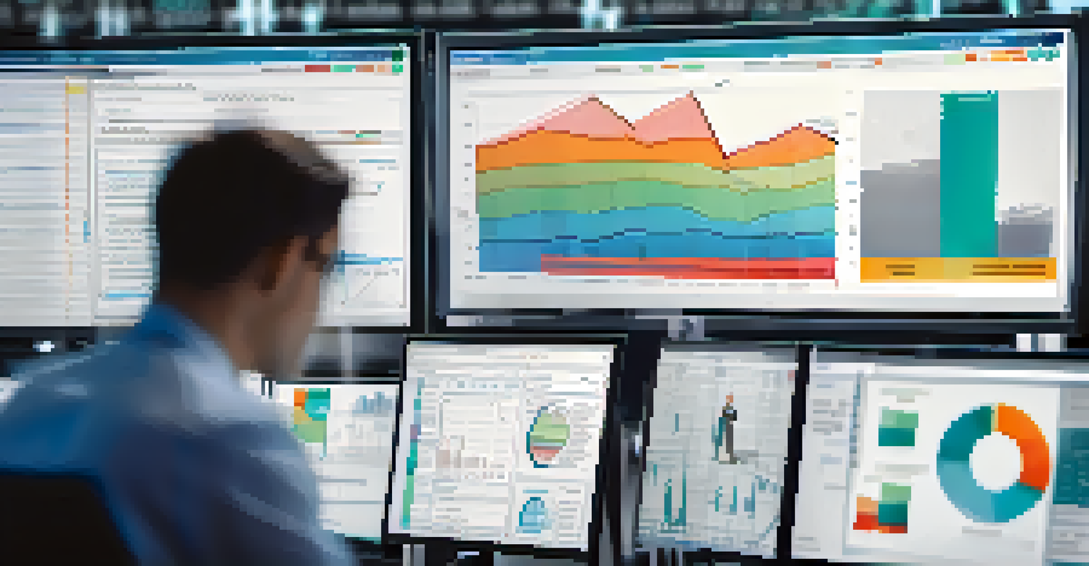 A close-up of a computer screen showing a risk assessment dashboard with graphs and charts, while a person takes notes in the background of a bright office.