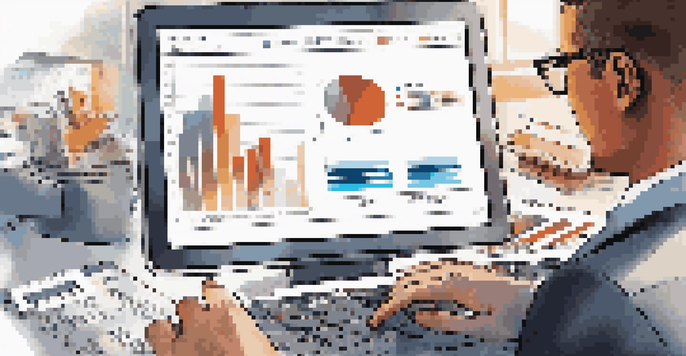 A business professional looking at financial graphs on a tablet in a modern office, with documents and a laptop around them.