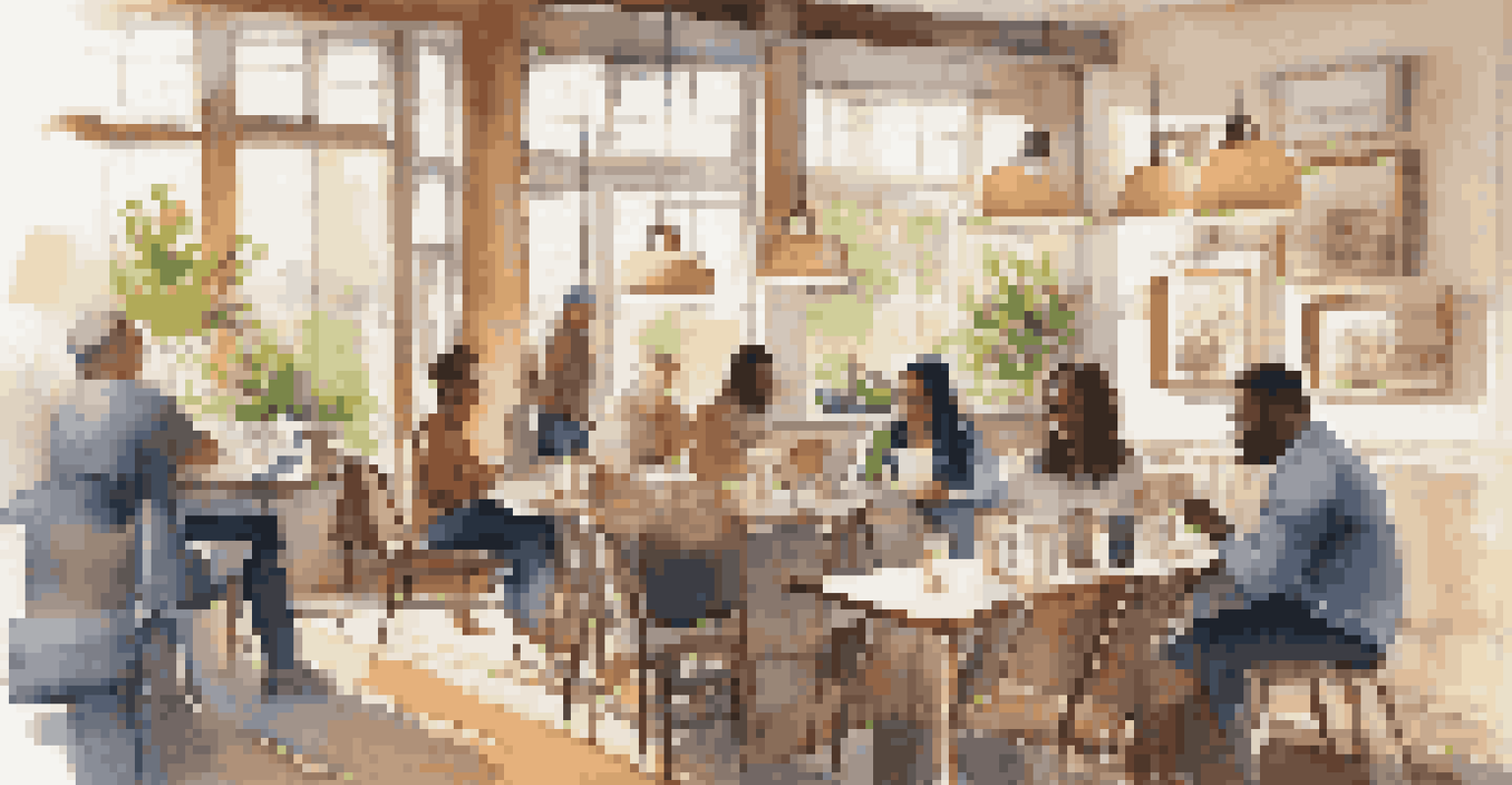 A small group of diverse individuals networking in a cozy coffee shop, surrounded by notebooks and laptops.