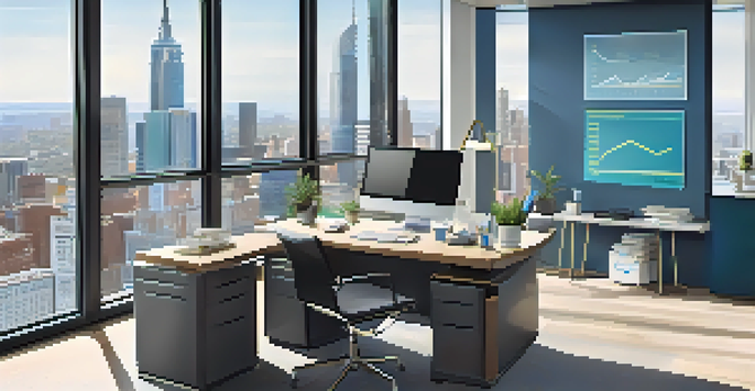A modern office workspace featuring a sleek desk, a computer with online analytics, and a notepad. The room has large windows showing a city skyline.