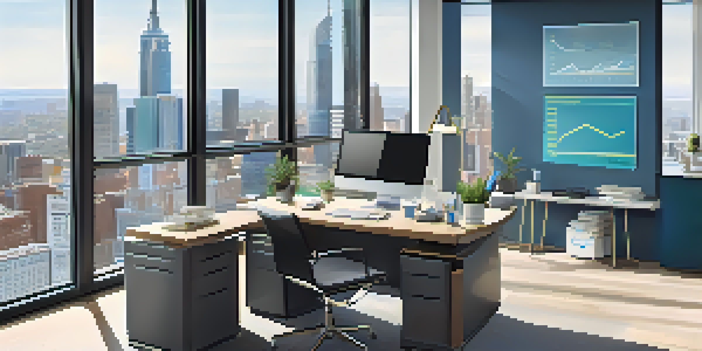 A modern office workspace featuring a sleek desk, a computer with online analytics, and a notepad. The room has large windows showing a city skyline.