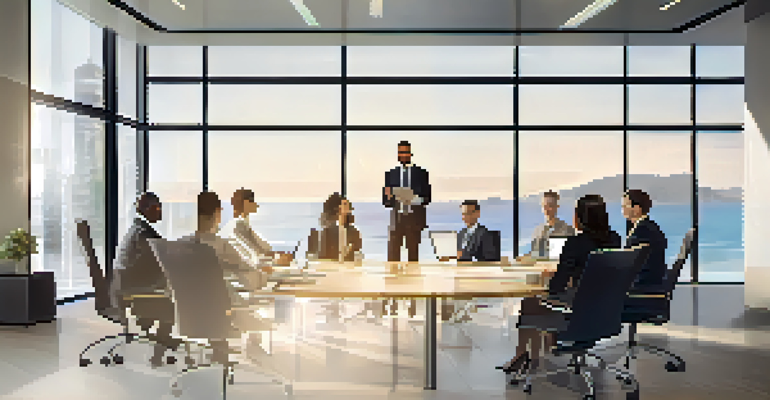 A boardroom where professionals are discussing the benefits of robotic process automation, with a presentation screen in the background.
