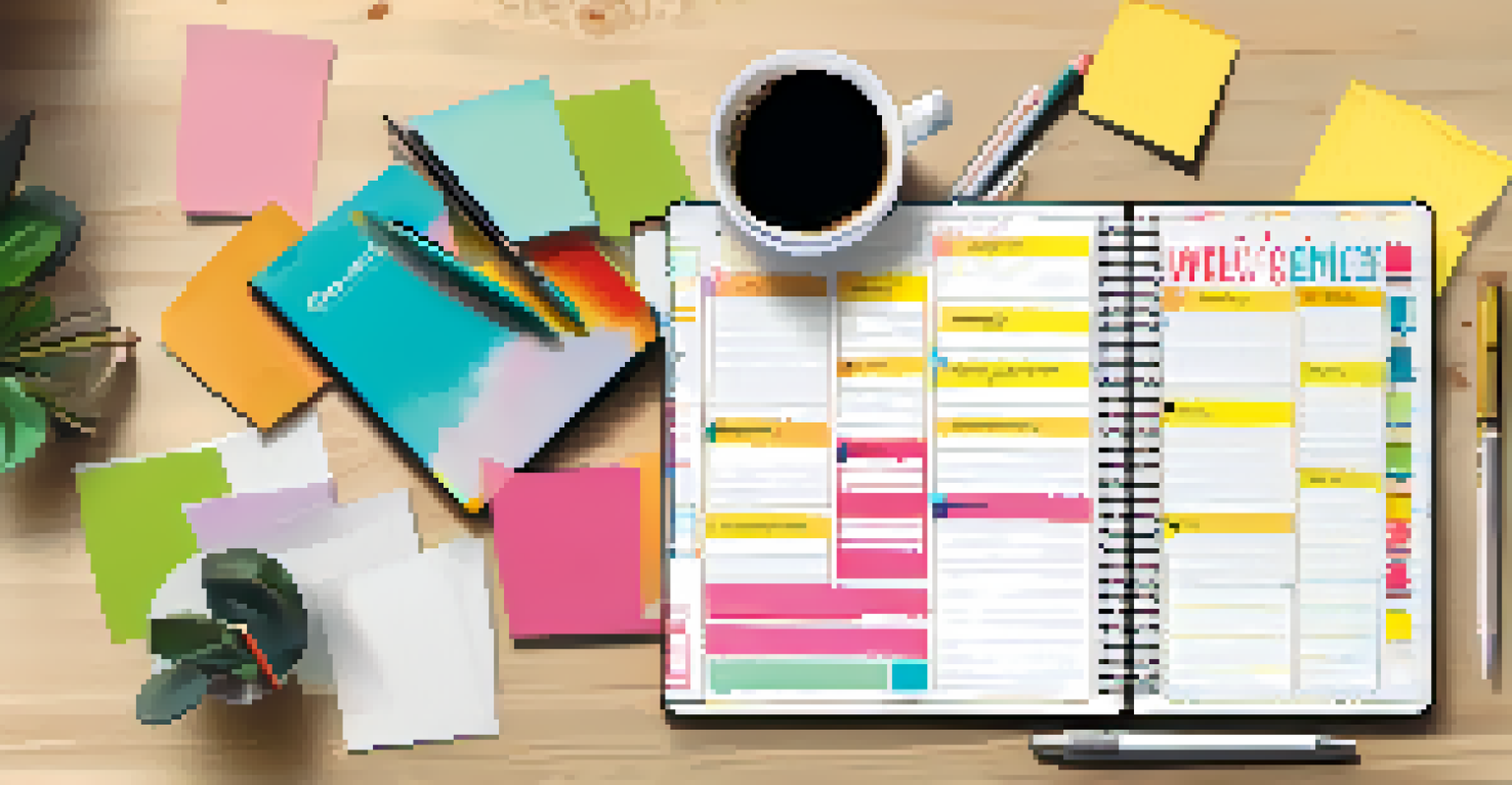 A colorful weekly planner on a bright workspace, featuring sticky notes, a coffee cup, and motivational quotes on the wall.