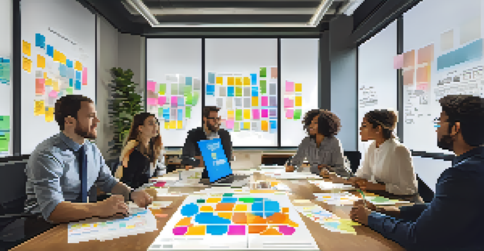 A diverse group of professionals collaborating in a bright office, discussing a Business Model Canvas, with sticky notes and graphs visible.