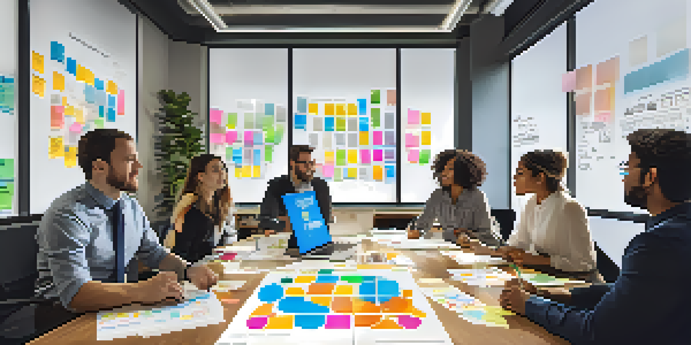A diverse group of professionals collaborating in a bright office, discussing a Business Model Canvas, with sticky notes and graphs visible.