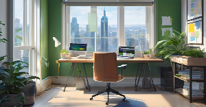 A modern remote workspace showing a desk with a laptop and notebooks, bright natural light coming from a large window, and colorful sticky notes on the wall.