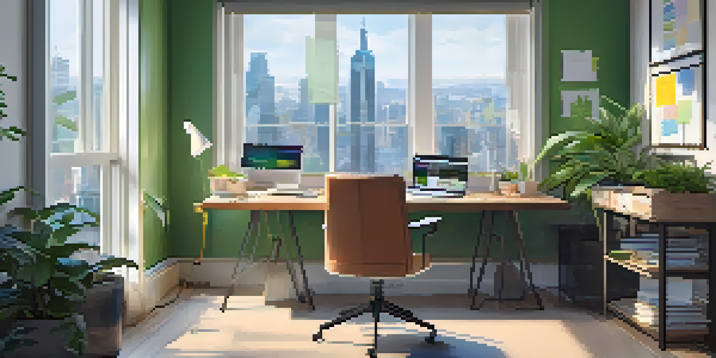 A modern remote workspace showing a desk with a laptop and notebooks, bright natural light coming from a large window, and colorful sticky notes on the wall.