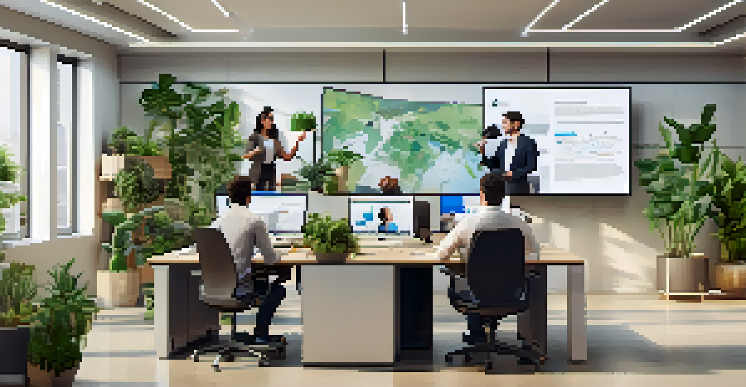 A contemporary office with a diverse team participating in a video conference, featuring multiple screens and modern decor.