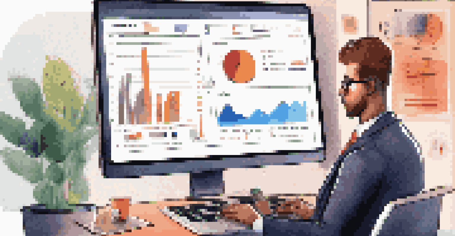 A close-up view of a marketer analyzing data on a laptop with colorful graphs and notes surrounding them, in a well-organized workspace.