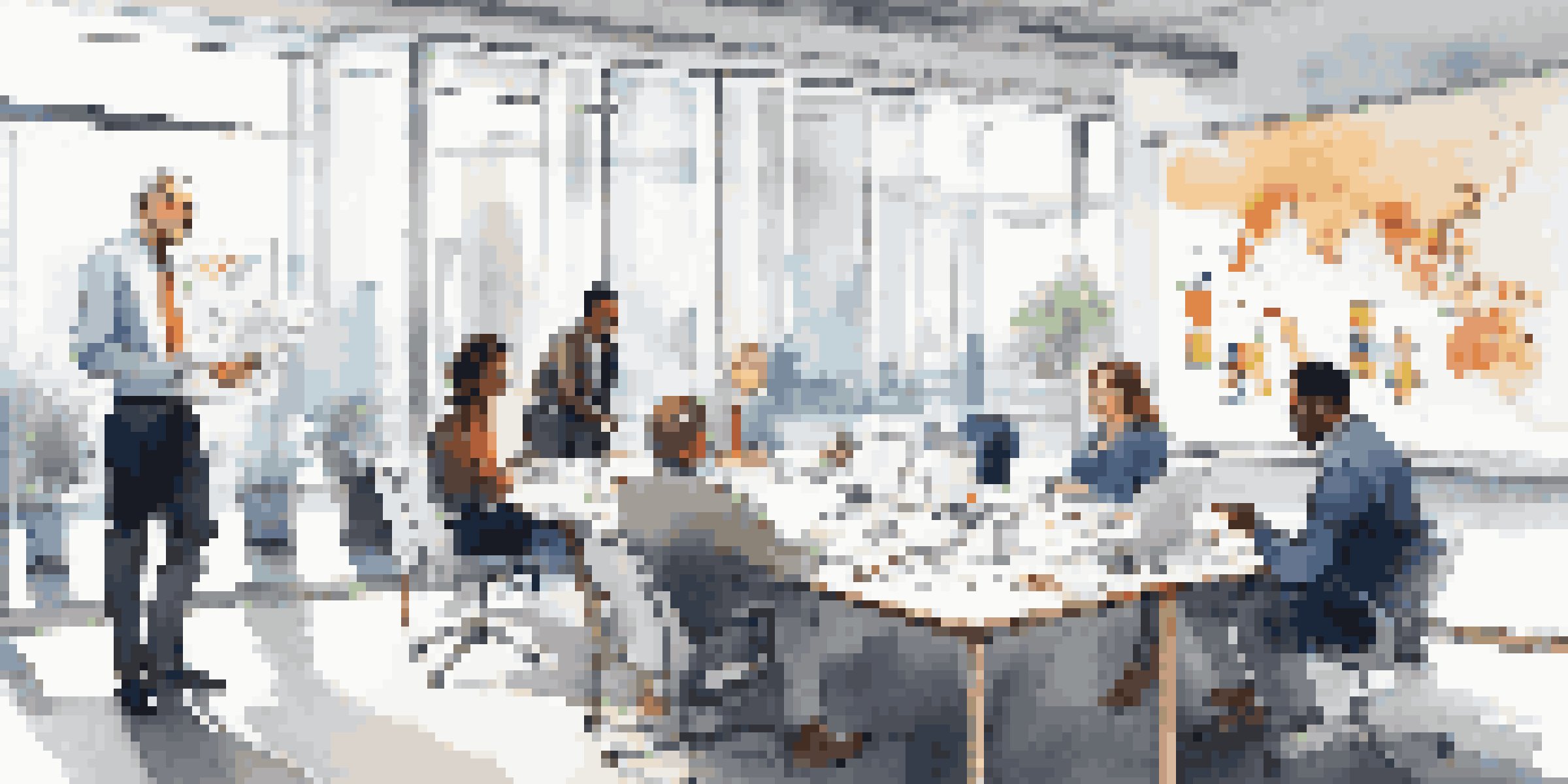 A diverse group of professionals in a modern office engaged in a strategic meeting with charts on a whiteboard.
