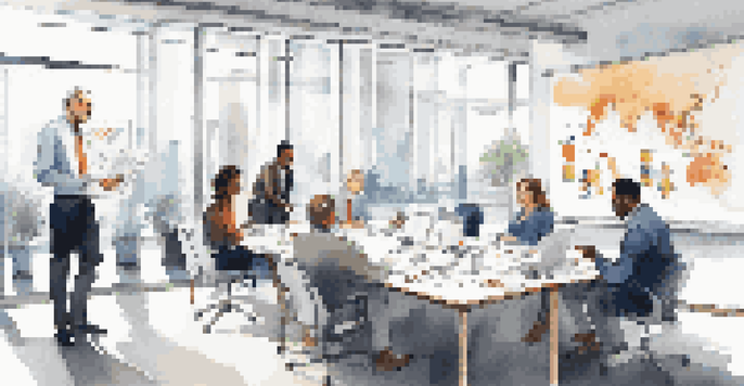 A diverse group of professionals in a modern office engaged in a strategic meeting with charts on a whiteboard.