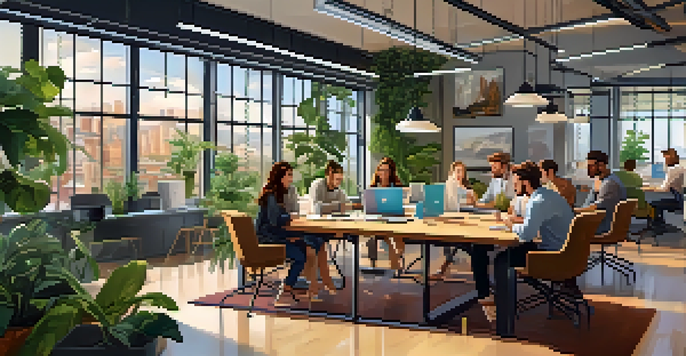 A lively office space with entrepreneurs working together at a large table, surrounded by modern decor and natural light.