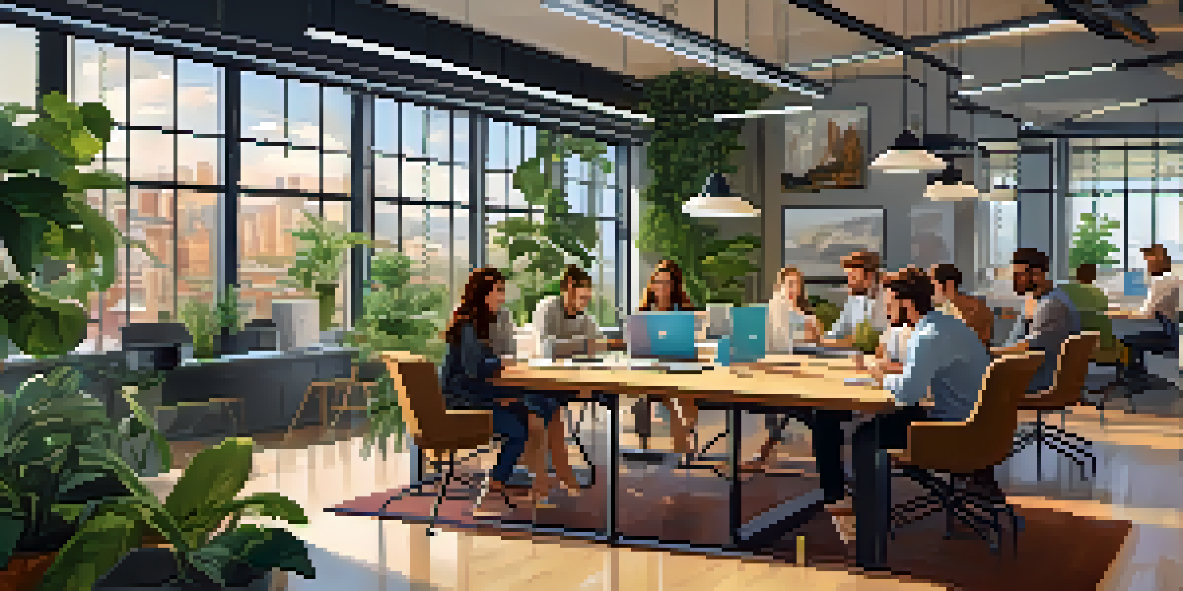 A lively office space with entrepreneurs working together at a large table, surrounded by modern decor and natural light.