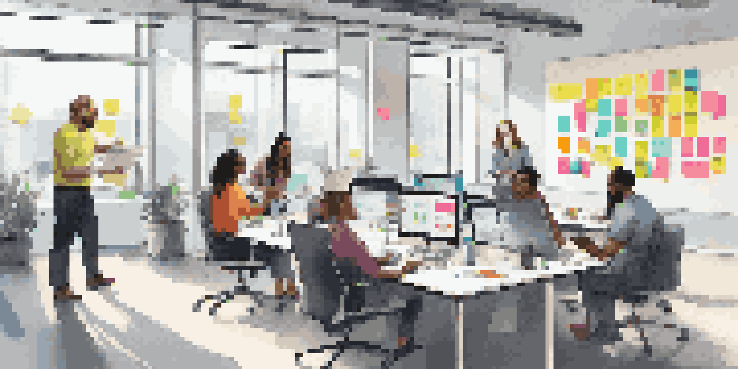 A diverse team of professionals collaborating in a bright office, discussing projects with digital tools and colorful notes around them.