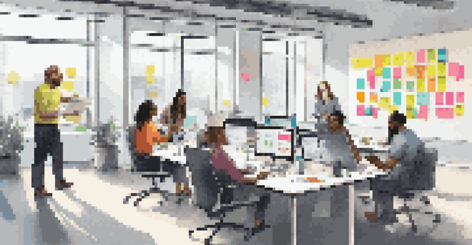 A diverse team of professionals collaborating in a bright office, discussing projects with digital tools and colorful notes around them.