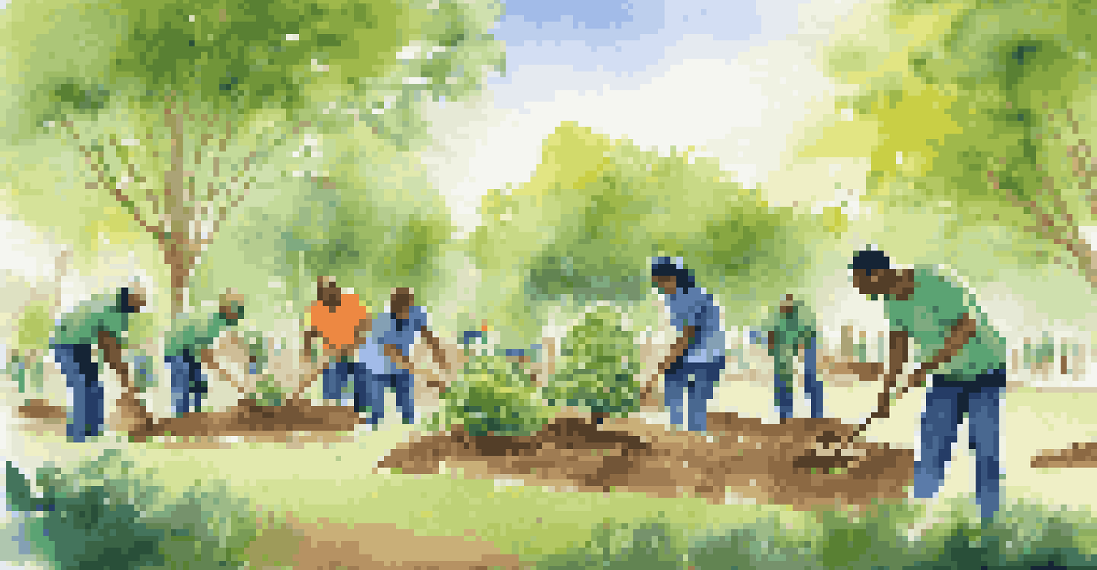 Employees participating in a tree-planting event, smiling and working together in a sunny outdoor setting.