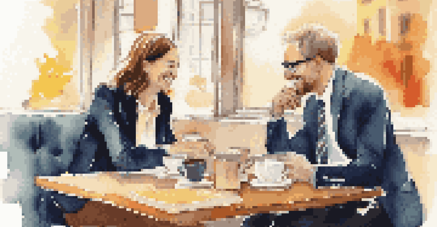 Two professionals having a follow-up conversation over coffee at a café, with notebooks and pens on the table.