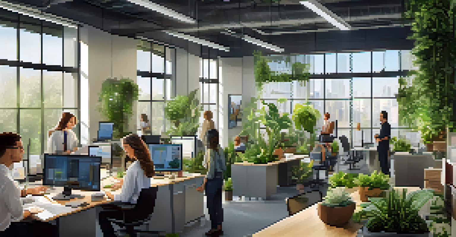 A modern office space where employees are brainstorming sustainable project ideas, filled with indoor plants and natural light.