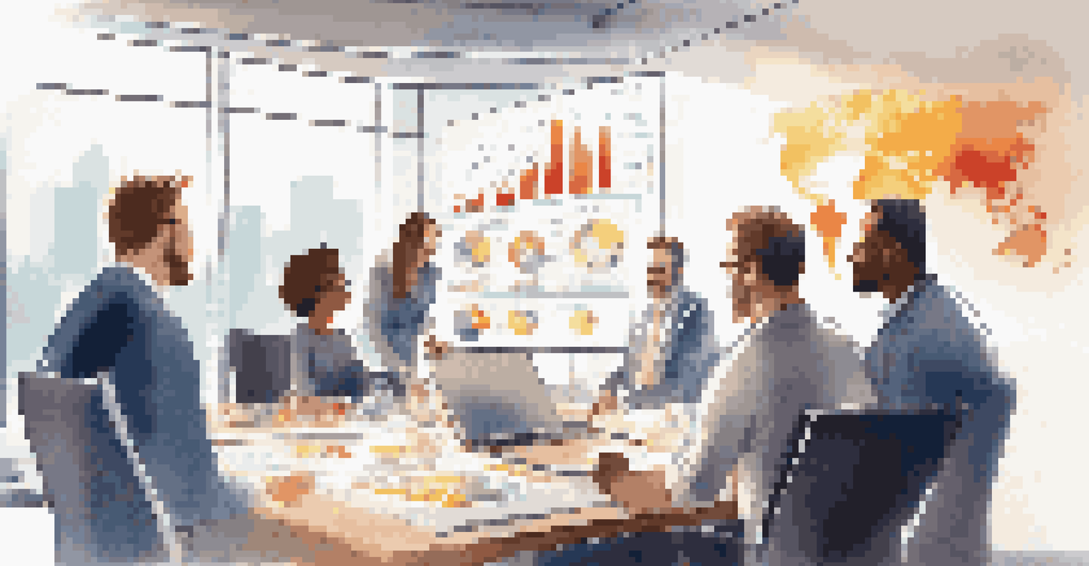 A diverse team in a conference room discussing sales metrics with a projector screen displaying charts and graphs.