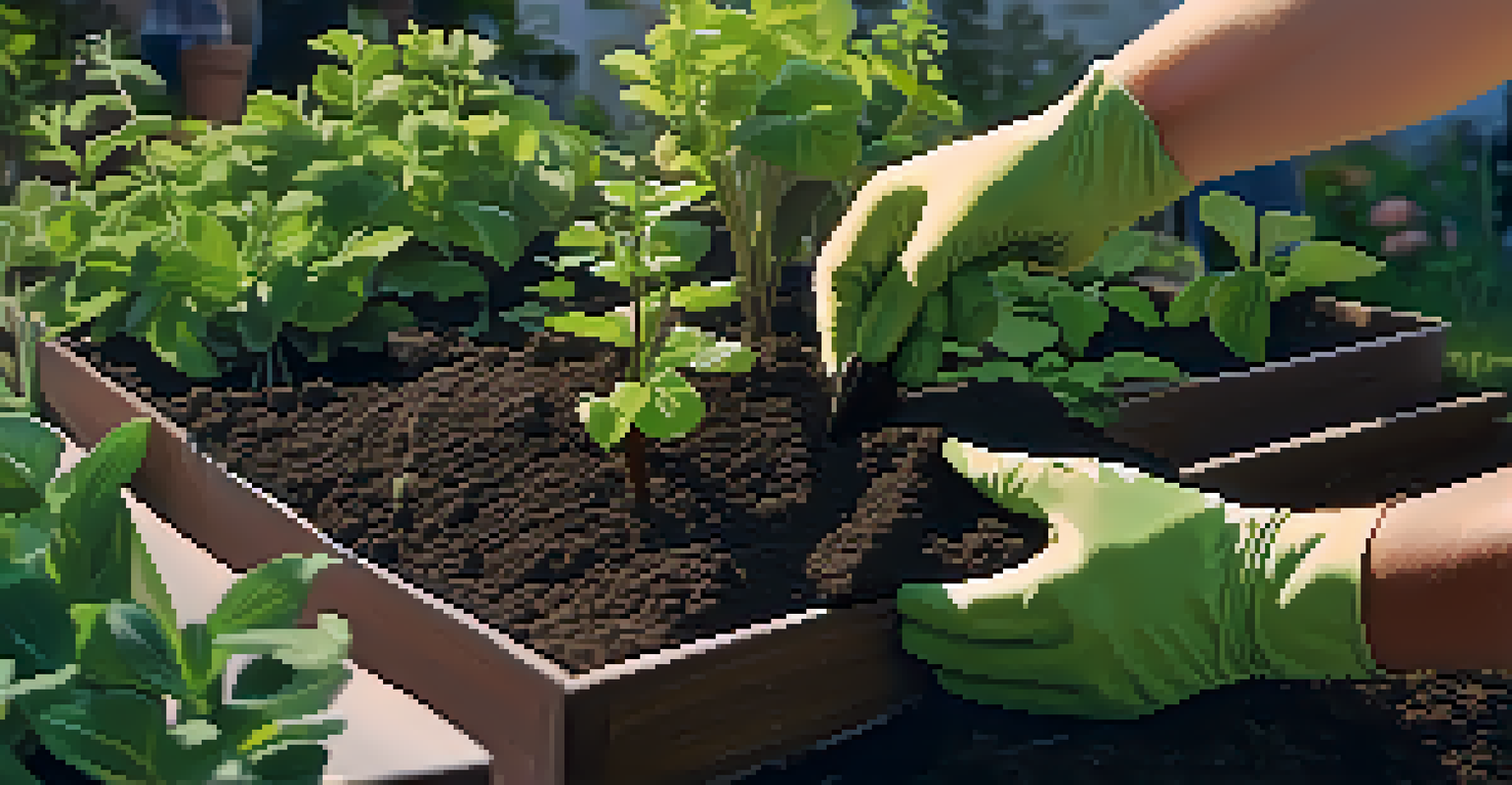 Hands wearing gardening gloves planting a small tree in a community garden with rich soil and surrounding plants.