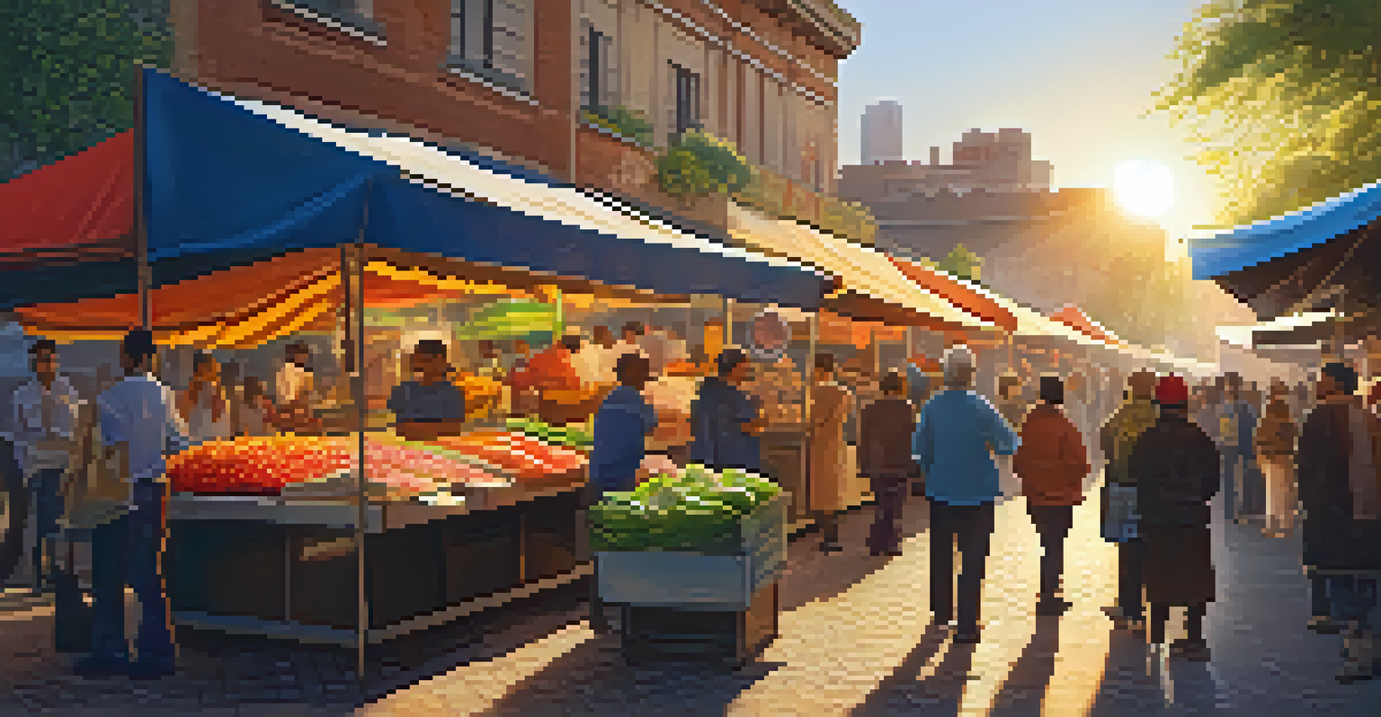 A lively street market with food stalls, customers interacting with vendors, and a warm sunset casting a golden light.