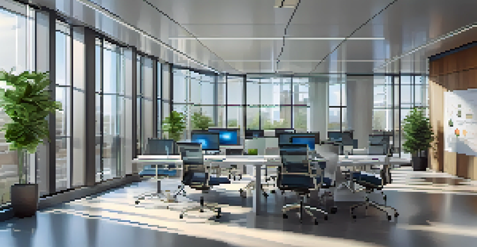 A bright modern conference room with a glass table and data analytics displayed on a screen, surrounded by ergonomic chairs and plants.