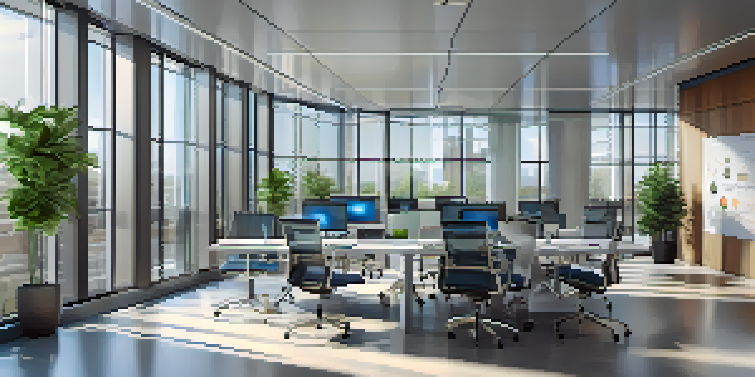 A bright modern conference room with a glass table and data analytics displayed on a screen, surrounded by ergonomic chairs and plants.