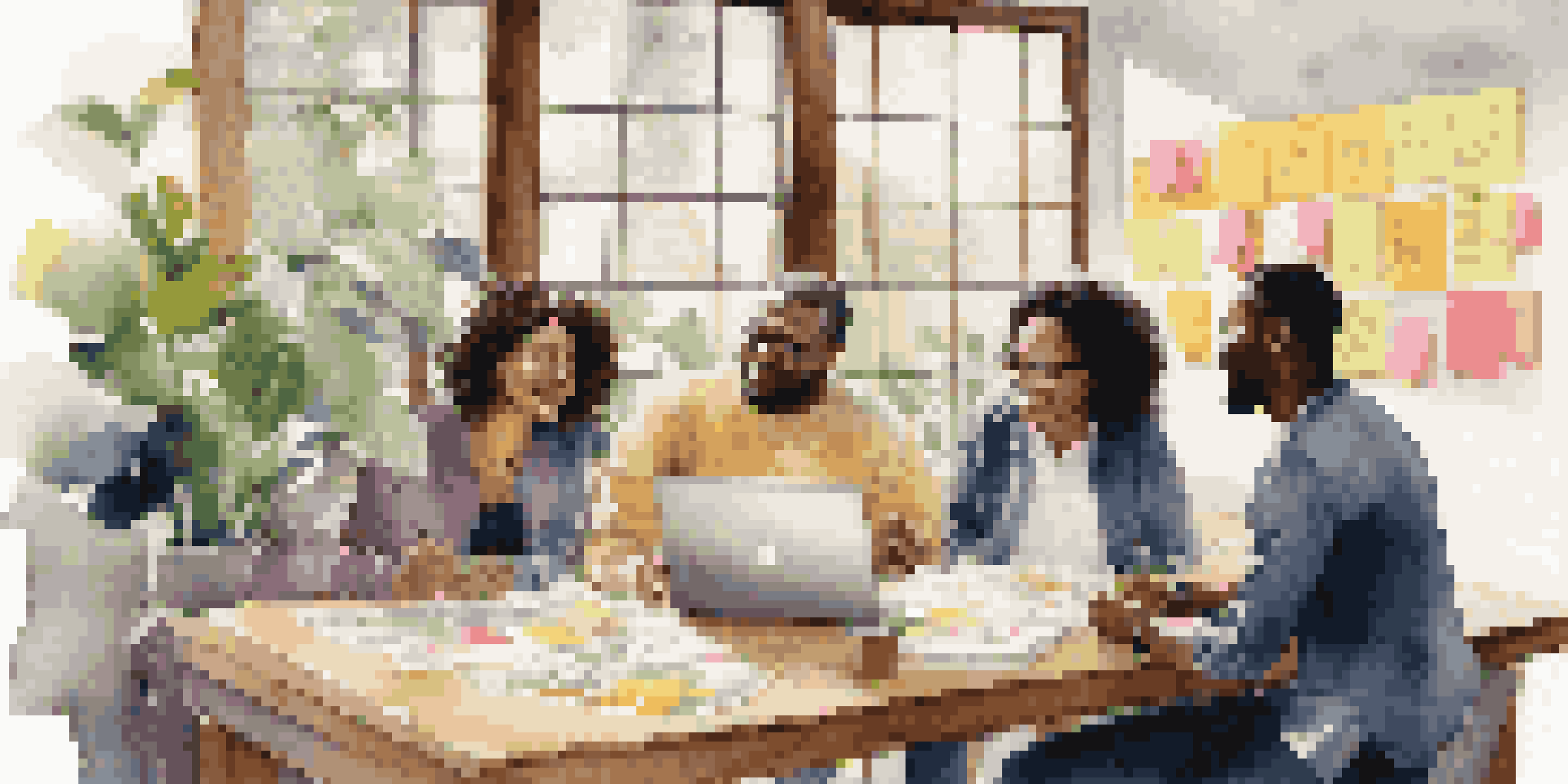 A diverse team brainstorming with sticky notes and a laptop, showcasing enthusiasm and collaboration in a well-lit room.