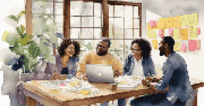 A diverse team brainstorming with sticky notes and a laptop, showcasing enthusiasm and collaboration in a well-lit room.