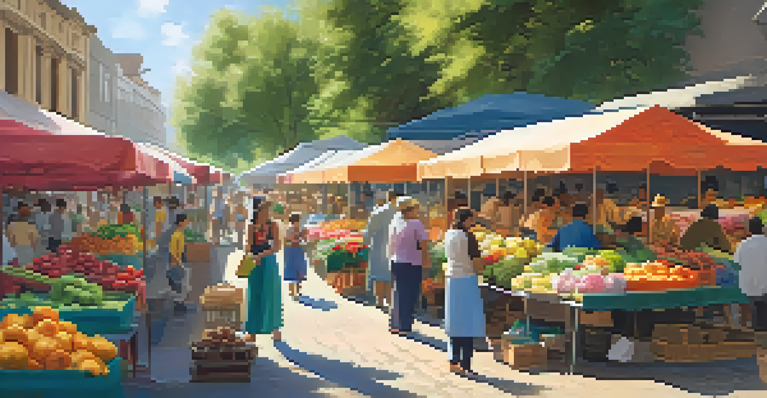 A vibrant outdoor market with stalls of fresh produce and crafts, filled with people chatting and children playing under colorful awnings in warm sunlight.