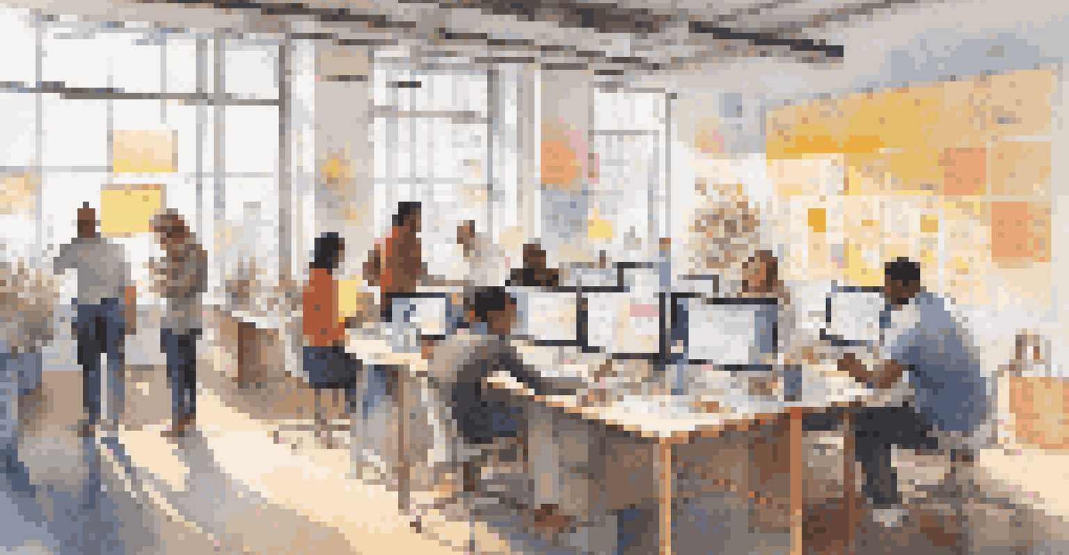 An open workspace where individuals from different cultures collaborate on a project with colorful sticky notes and bright lighting.