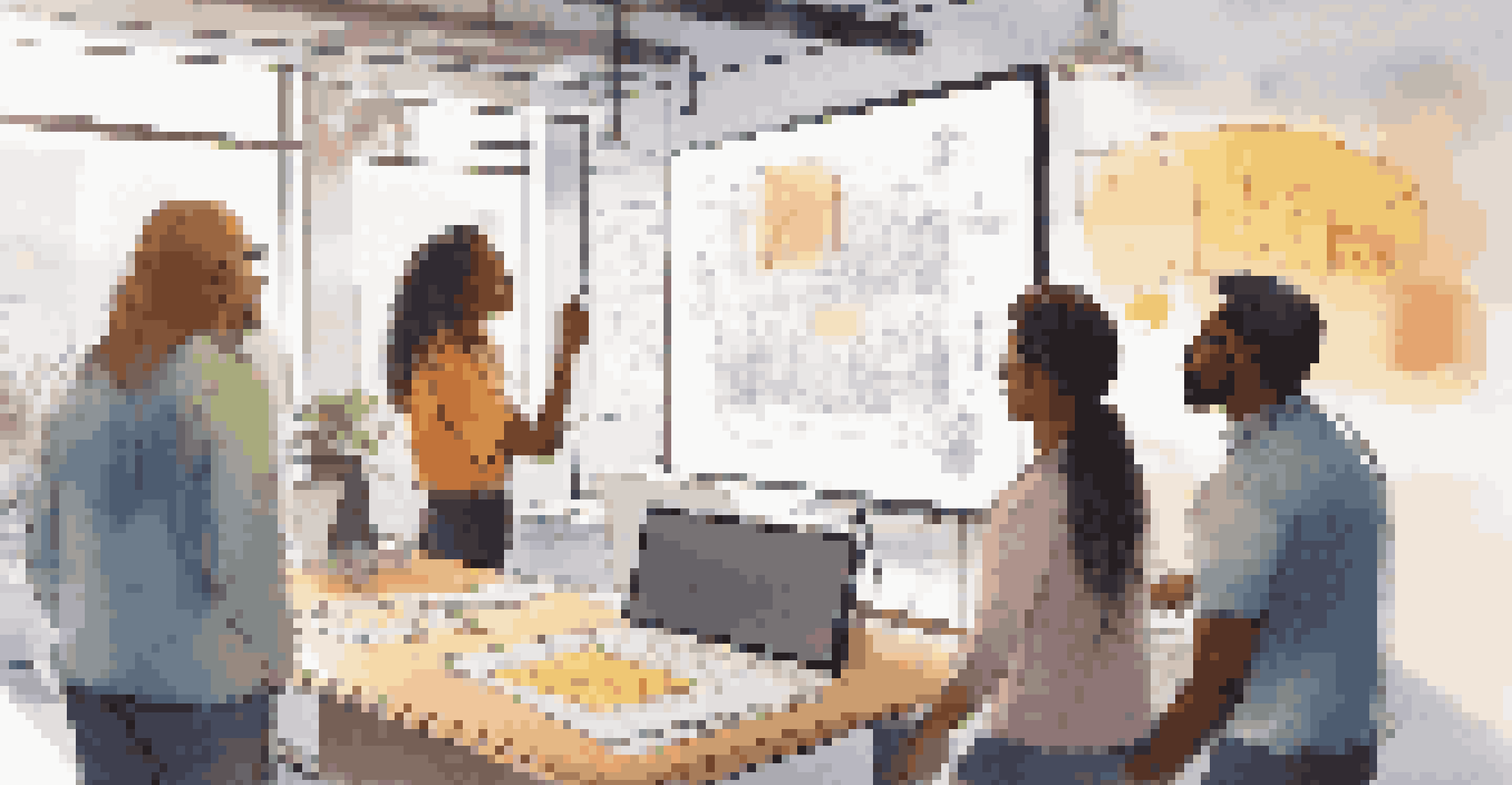 A diverse team collaborating around a digital whiteboard, brainstorming ideas in a bright and sunny workspace.