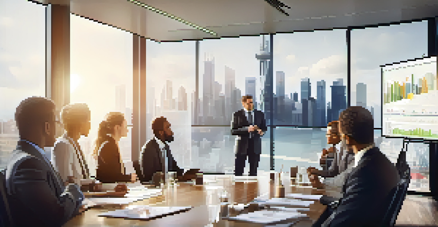 A diverse team of professionals discussing business strategies around a conference table, with charts projected on a screen in the background.