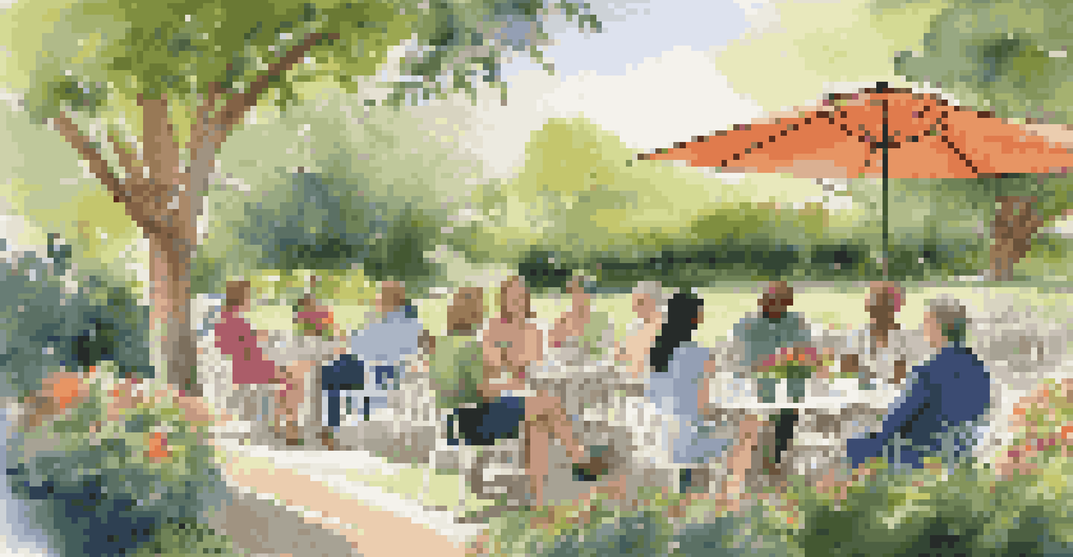 A tranquil garden setting with people engaged in one-on-one networking conversations, surrounded by lush greenery and flowers.