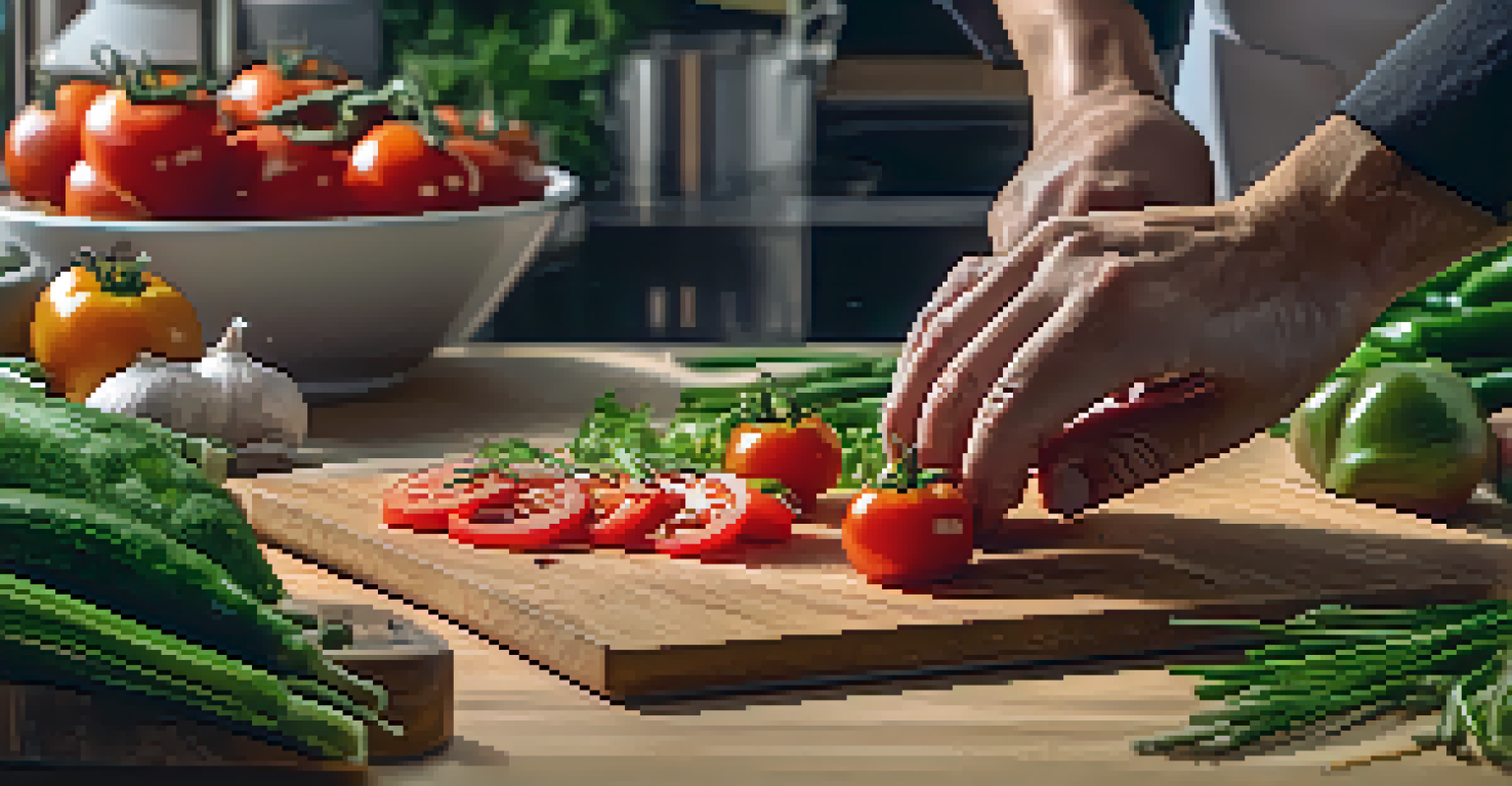 A chef's hands slicing a tomato on a cutting board in a modern kitchen, with fresh vegetables around.
