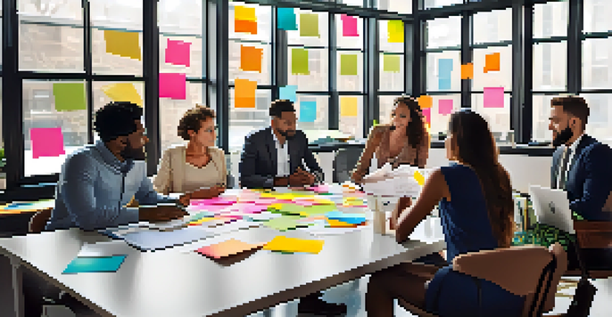 A diverse group of professionals collaborating in a modern office, with colorful sticky notes and laptops.