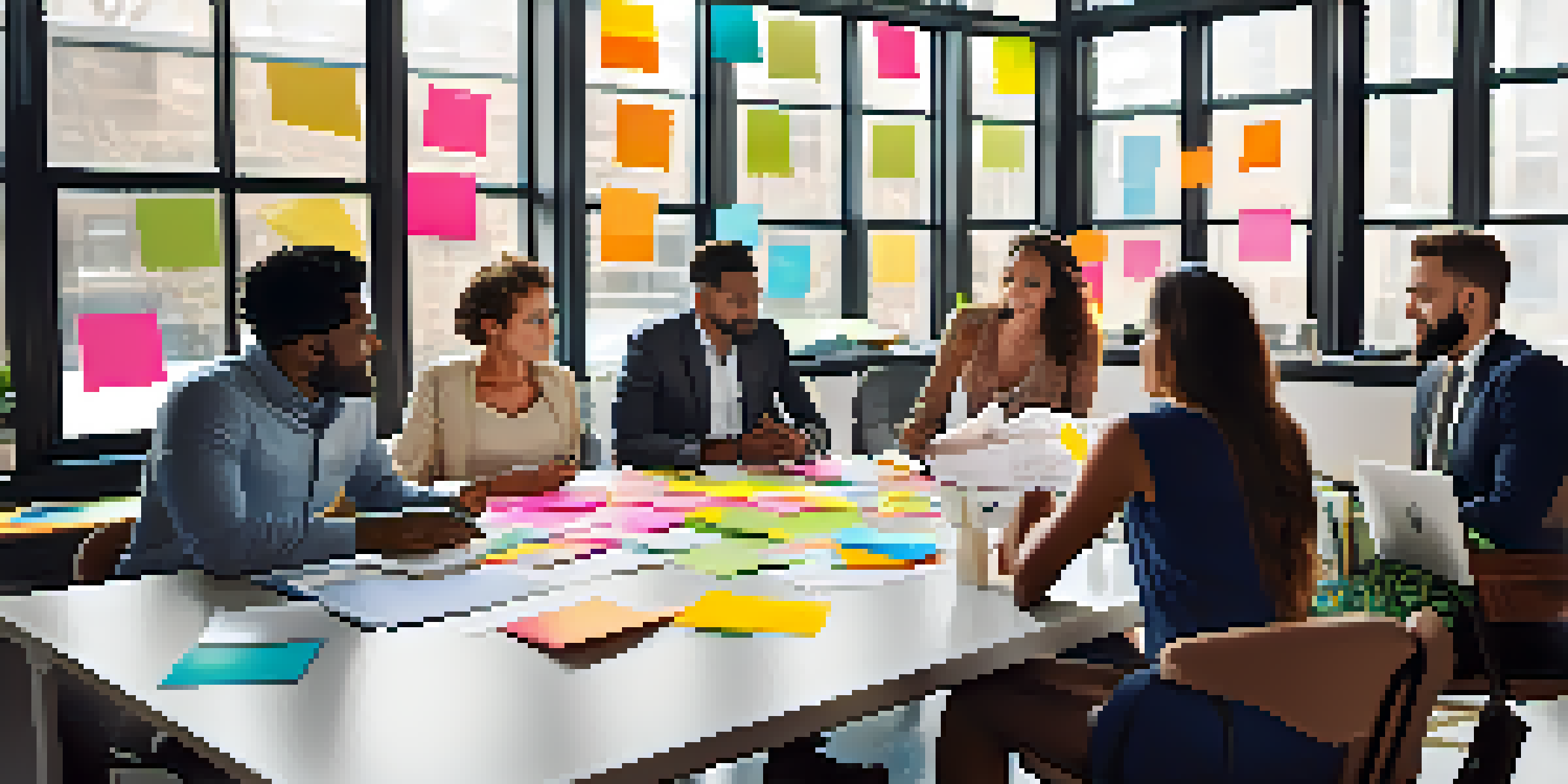 A diverse group of professionals collaborating in a modern office, with colorful sticky notes and laptops.