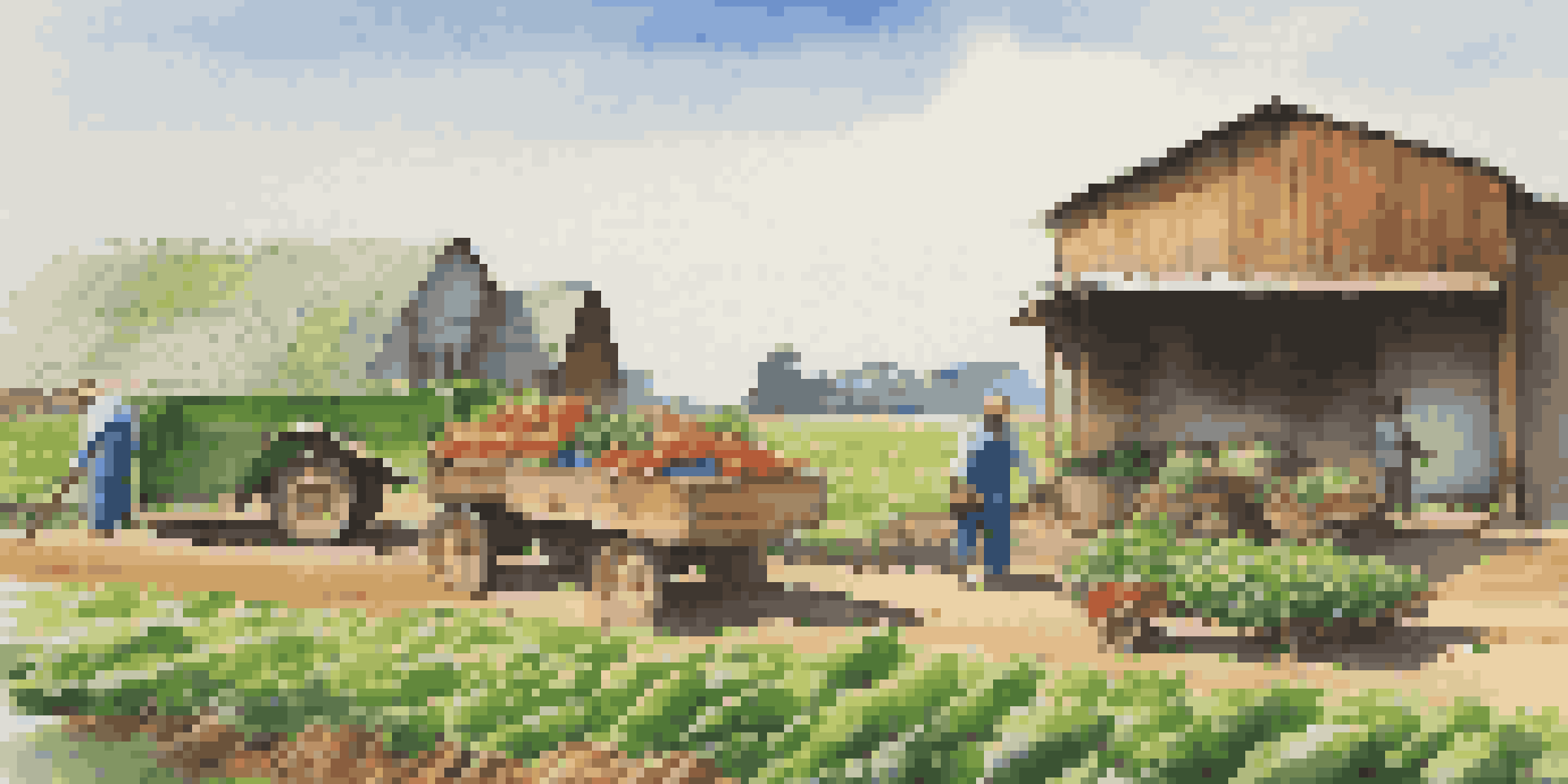 A peaceful farm scene with workers harvesting crops and a wooden cart filled with fresh produce, under a clear blue sky.