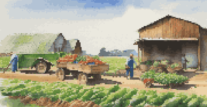 A peaceful farm scene with workers harvesting crops and a wooden cart filled with fresh produce, under a clear blue sky.