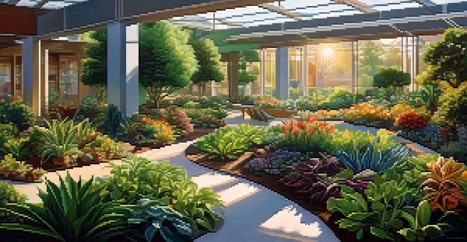 A vibrant garden representing an inclusive workplace culture, with diverse plants flourishing under sunlight.