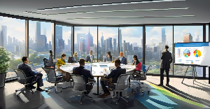 A diverse group of professionals in a bright office discussing a business continuity plan, with a whiteboard filled with diagrams in the background.